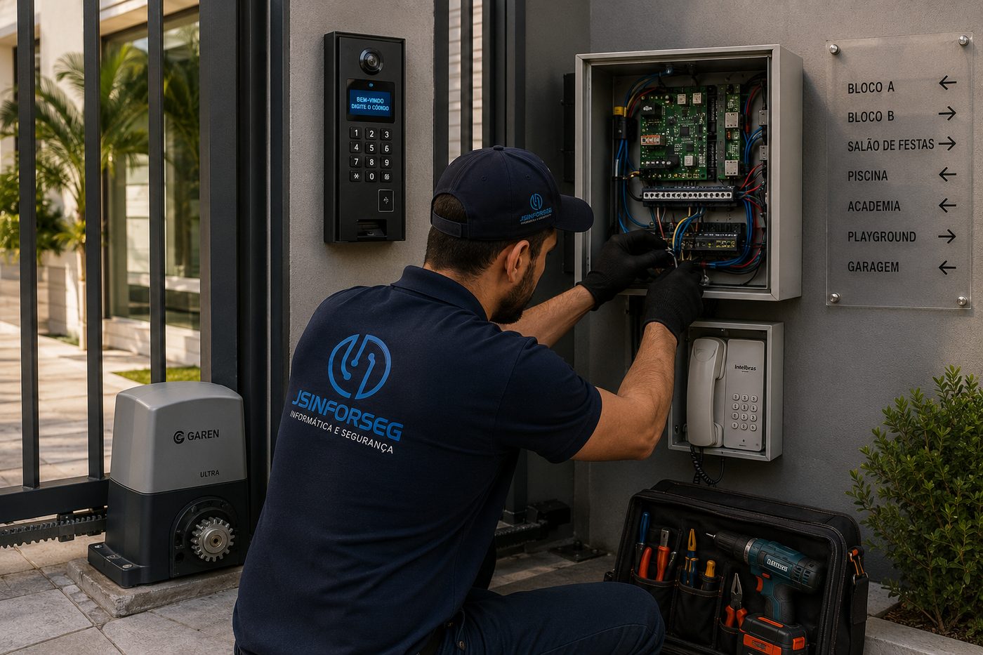 Técnico da JS INFORSEG instalando automação de portão e painel de acesso